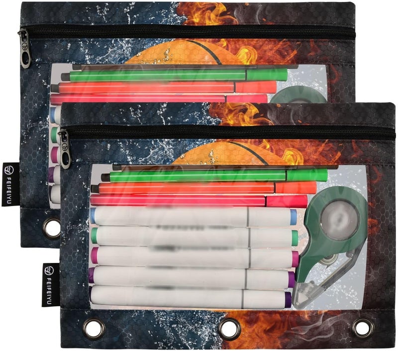 BOENLE Basketball Ball Pencil Pouch for 3 Ring Binder, 2 Pack Waterproof Pencil Bags Clear Window Pencil Case Zipper School School Office Supplies - Image 2